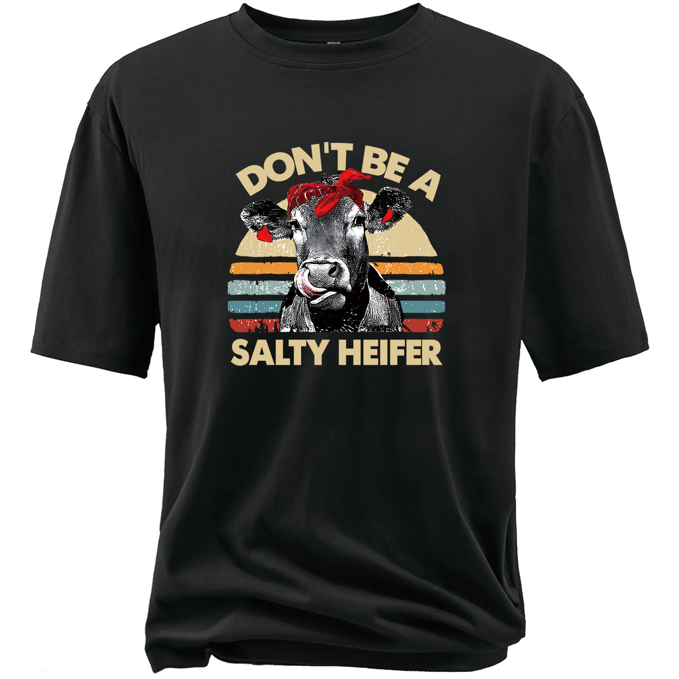 

Plus Size Men's Don't Be A Salty Heifer Print Short Sleeve T-shirts, Comfy Casual Elastic Crew Neck Tops For Men's Outdoor Activities