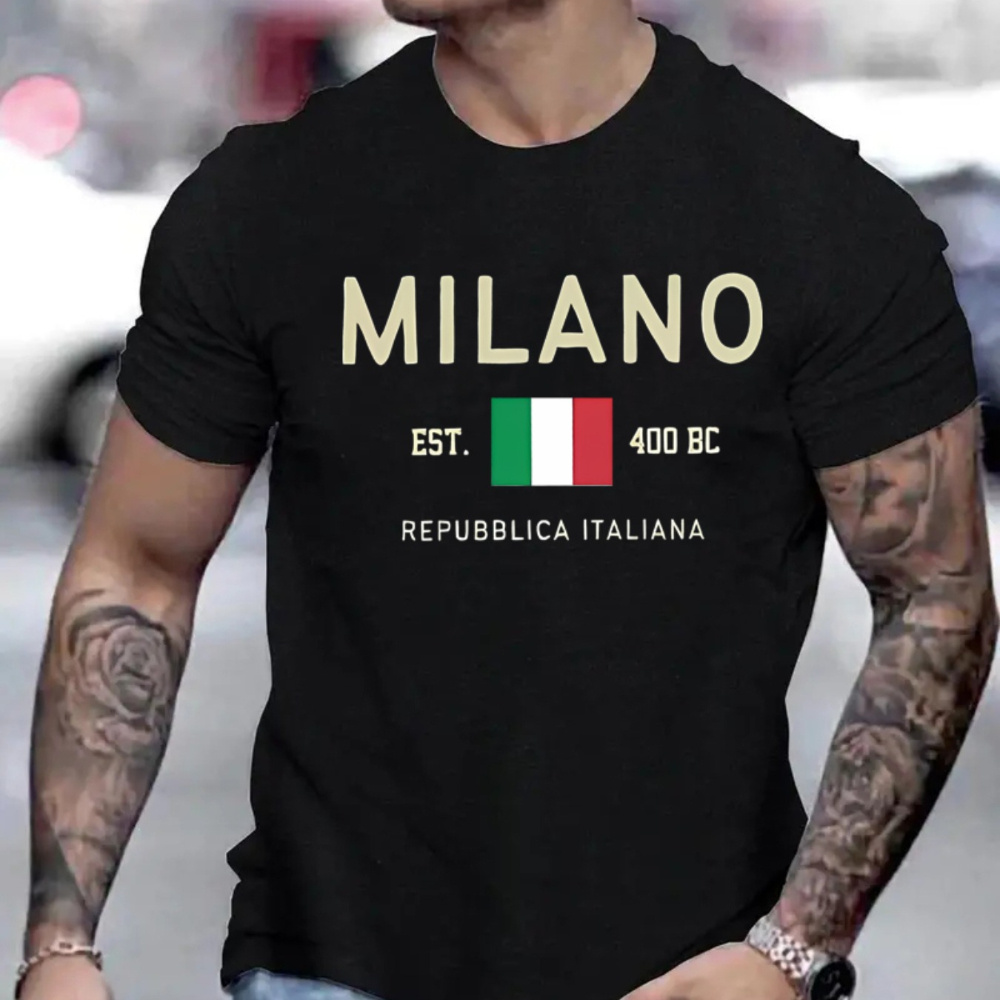 

Milano Print Men's Crew Neck Fashionable Short Sleeve Sports T-shirt, Comfortable And Versatile, For Summer And Spring, Athletic Style, Comfort Fit T-shirt, As Gifts