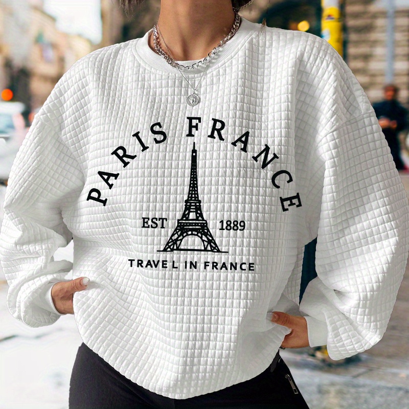 

Paris Letter & Eiffel Tower Print Waffle Sweatshirt, Casual Long Sleeve Crew Neck Sweatshirt, Women's Clothing