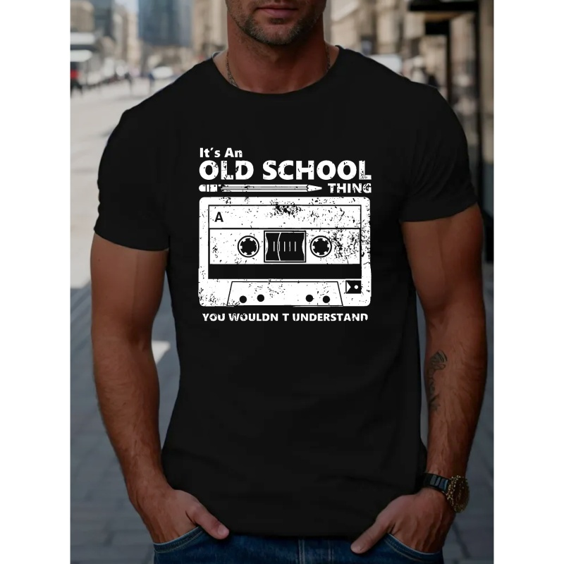 

Old School Tape Graphic Print Men's Creative Top, Casual Short Sleeve Crew Neck T-shirt, Men's Clothing For Summer Outdoor