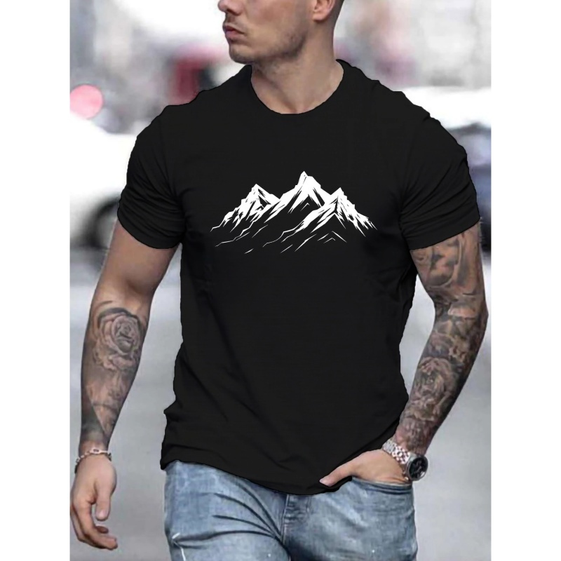 

Men's Mountain Print T-shirt, Casual Short Sleeve Crew Neck Tee, Men's Clothing For Outdoor