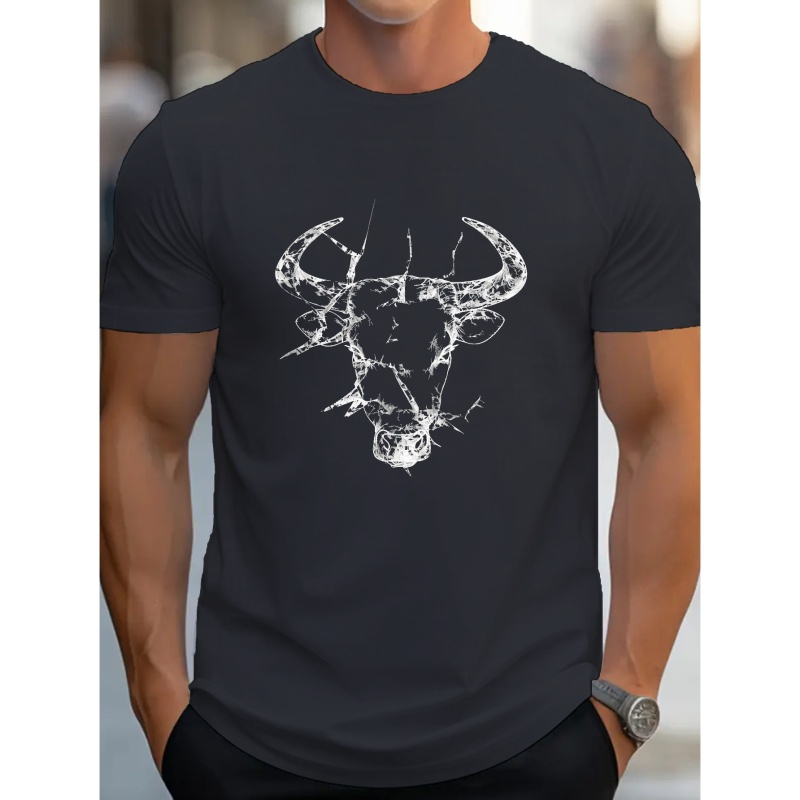 

Shattered Bull Head Print T Shirt, Tees For Men, Casual Short Sleeve T-shirt For Summer