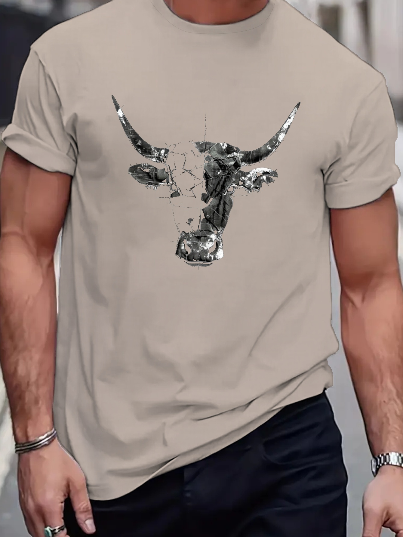 Cow Head Graphic Print Men's Comfy T-Shirt Casual Fit Tee For Summer Men's Clothing Tops For Daily Activities