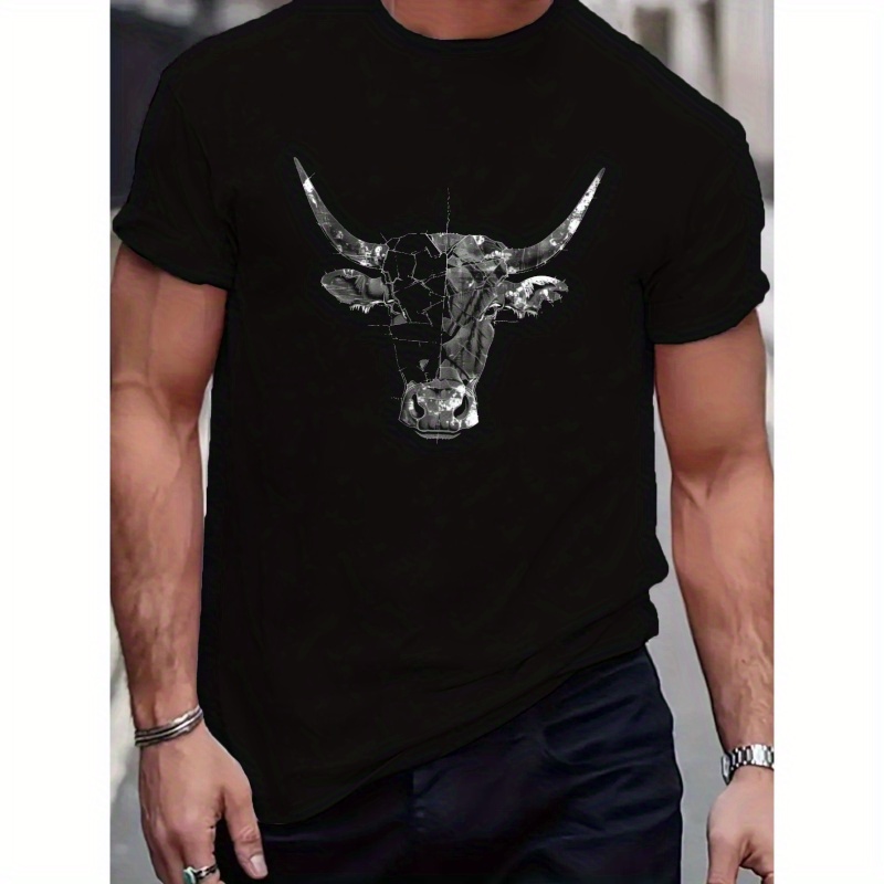 

Cow Head Graphic Print, Men's Comfy T-shirt, Casual Fit Tee For Summer, Men's Clothing Tops For Daily Activities