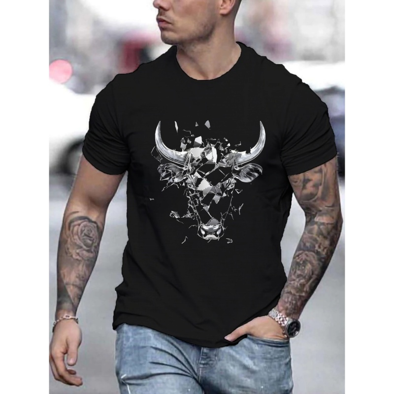

Stylish Bull Head Graphic Print Men's Casual T-shirt, Short Sleeve Crew Neck Summer Top, Men's Clothing