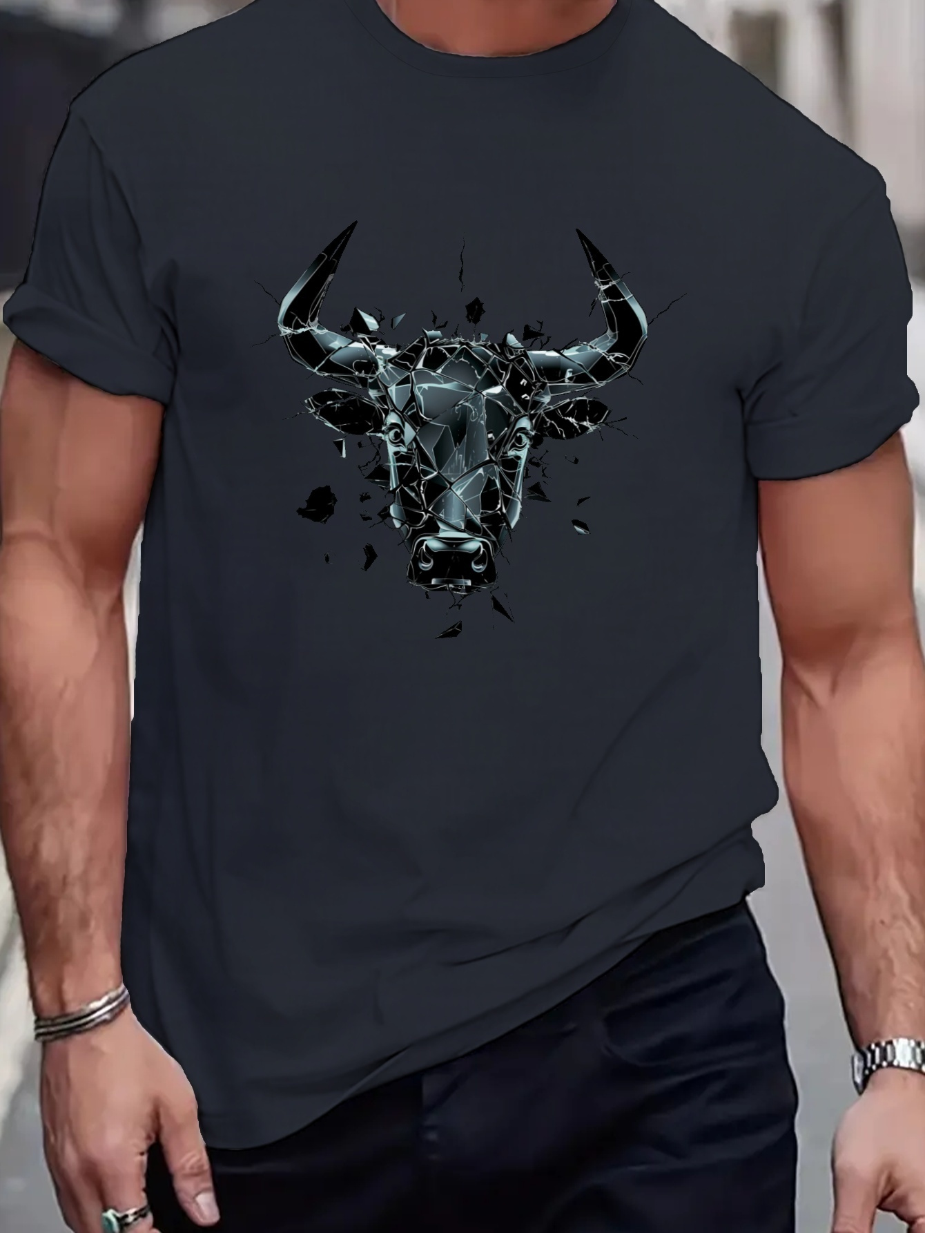 Shattered Bull Head Statue Print T Shirt Tees For Men Casual Short Sleeve T-Shirt For Summer