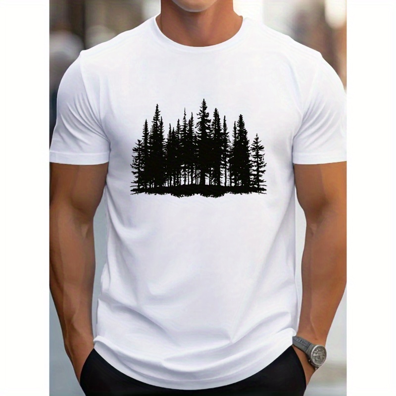 

Pine Forest Silhouette Print T Shirt, Tees For Men, Casual Short Sleeve T-shirt For Summer