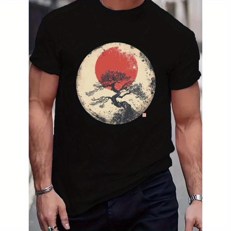 

Japanese Illustration Print Men's Casual T-shirt, Short Sleeve Crew Neck Summer Top, Men's Clothing