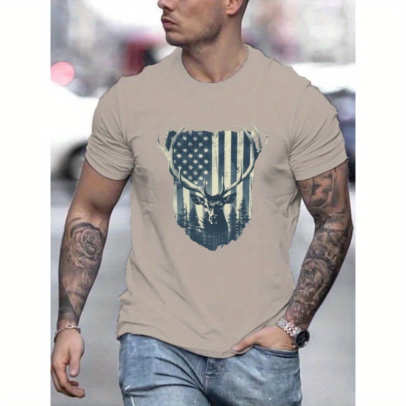 

Deer With Usa Flag Graphic Print, Men's Comfy T-shirt, Casual Fit Tee, Men's Clothing Tops For Summer For Daily Activities