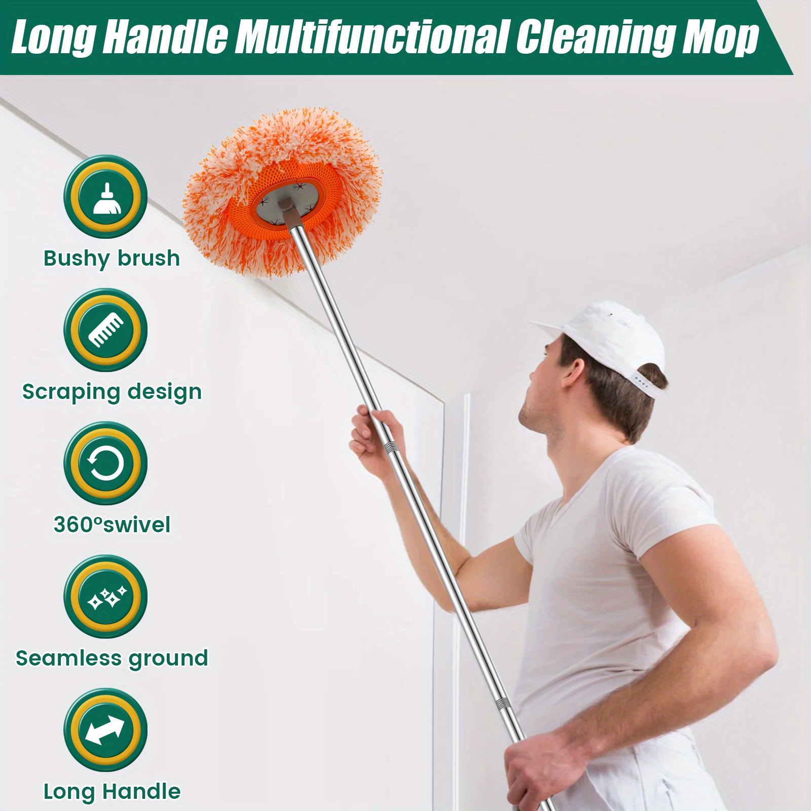 1set wall cleaner mop with long handle rotatable wall cleaning tool with 9 replaceable mop pads detachable wall cleaner with squeegee wet and dry use microfiber dust mop portable for window wall cleaning supplies cleaning tool details 8