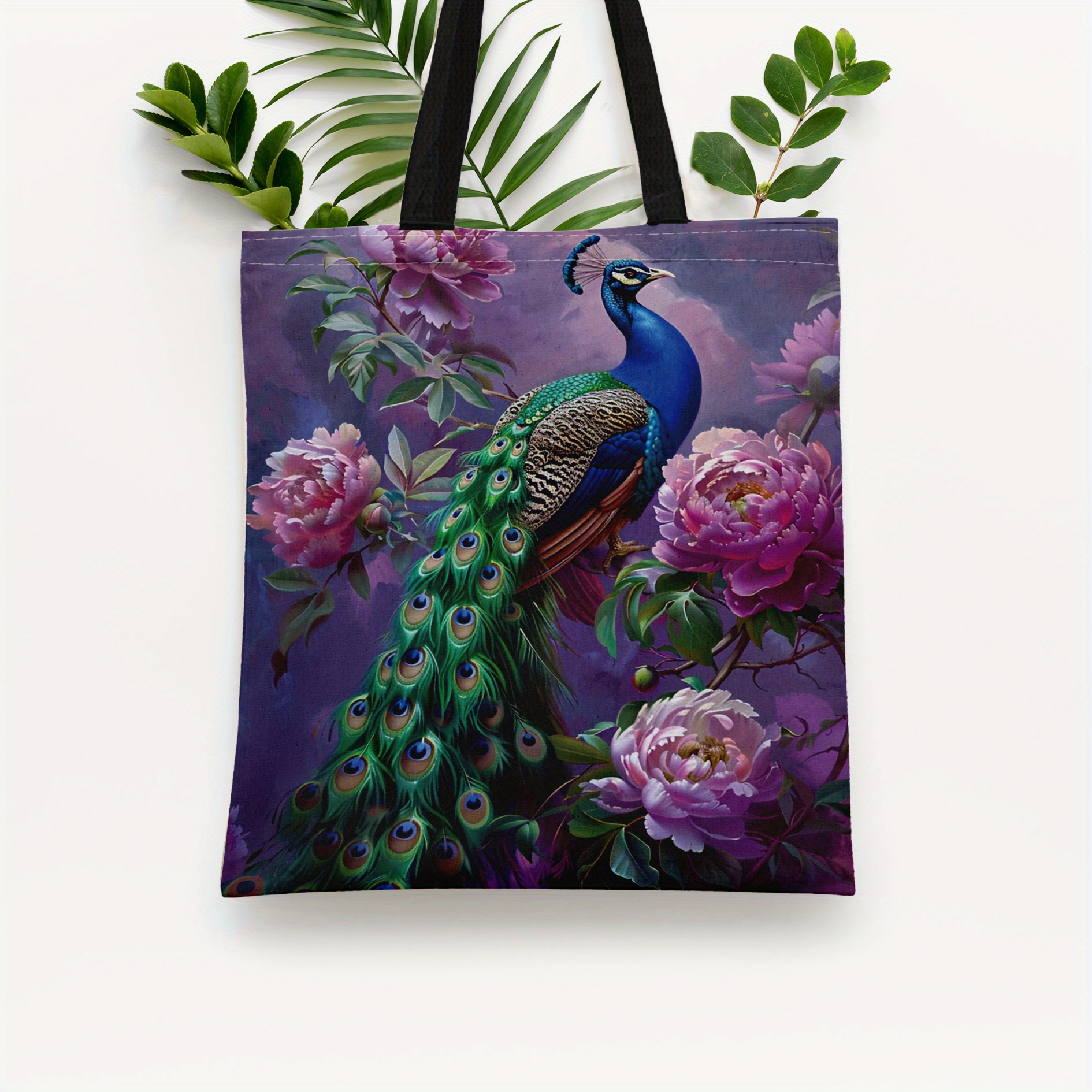 

1pc Peacock And Flower Pattern Canvas Tote Bag, Aesthetic Retro Shoulder Bag, Literary Handbag For Travelling, Shopping, School