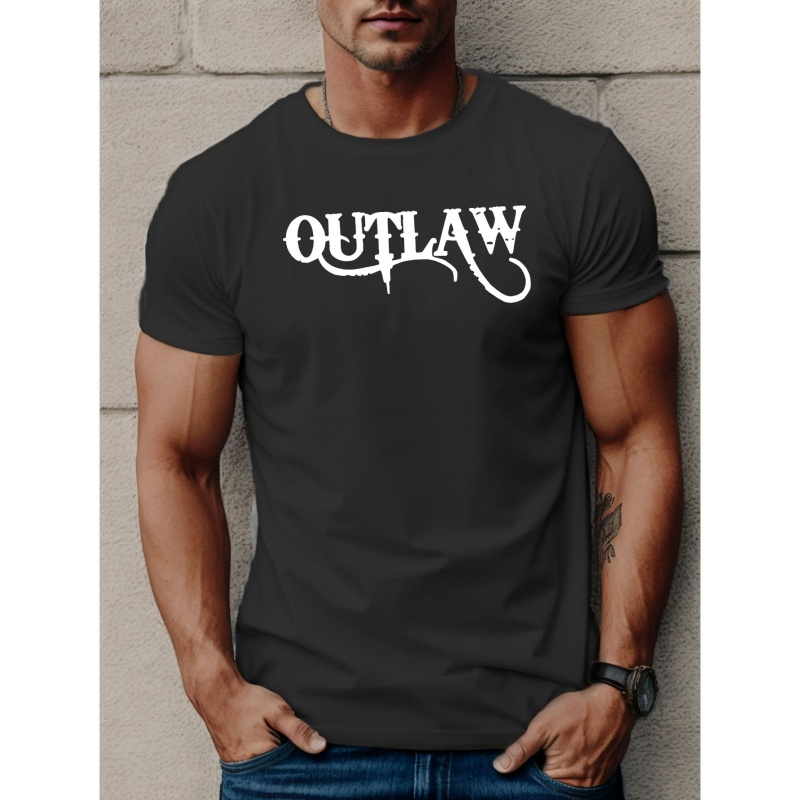 

Outlaw Letter Print Men's T-shirt Short Sleeve Crew Neck Tops Cotton Comfortable Breathable Spring Summer Clothing For Men