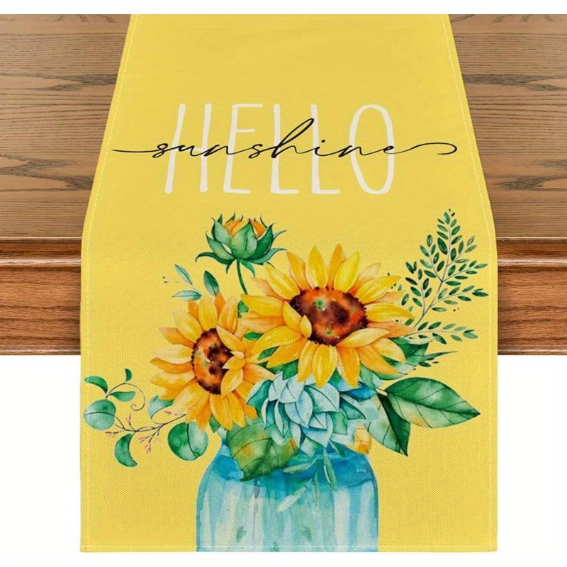 

1pc, Table Runner, Yellow Hello Sunshine Sunflower Pattern Table Runner, Seasonal Anniversary Holiday Kitchen Dining Table Decoration For Indoor, Summer Decor