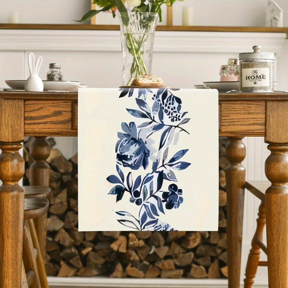 

1pc, Table Runner, Ink Painting Theme Blue Plant Pattern Table Runner, Seasonal Spring Theme Kitchen Dining Table Decoration For Home, Party Decor