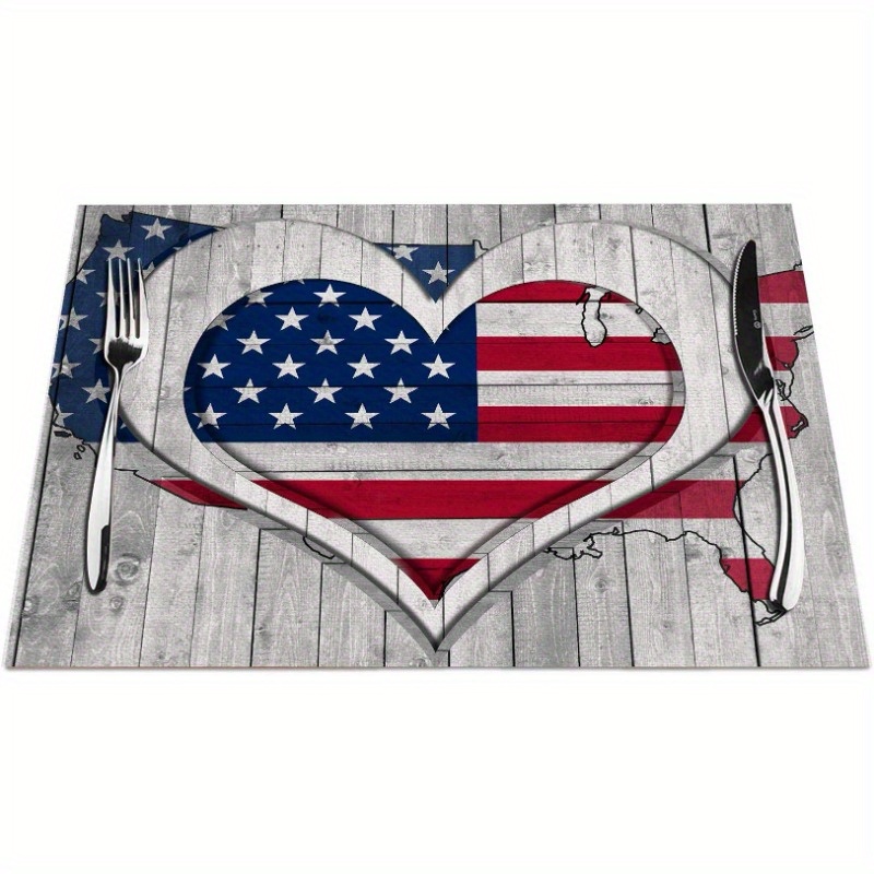 

4pcs Placemats, Love Heart Linen Placemats, Non-slip & Heat Resistant Place Mats, American Flag Design For Independence Day Dining Table Decor, Home Supplies