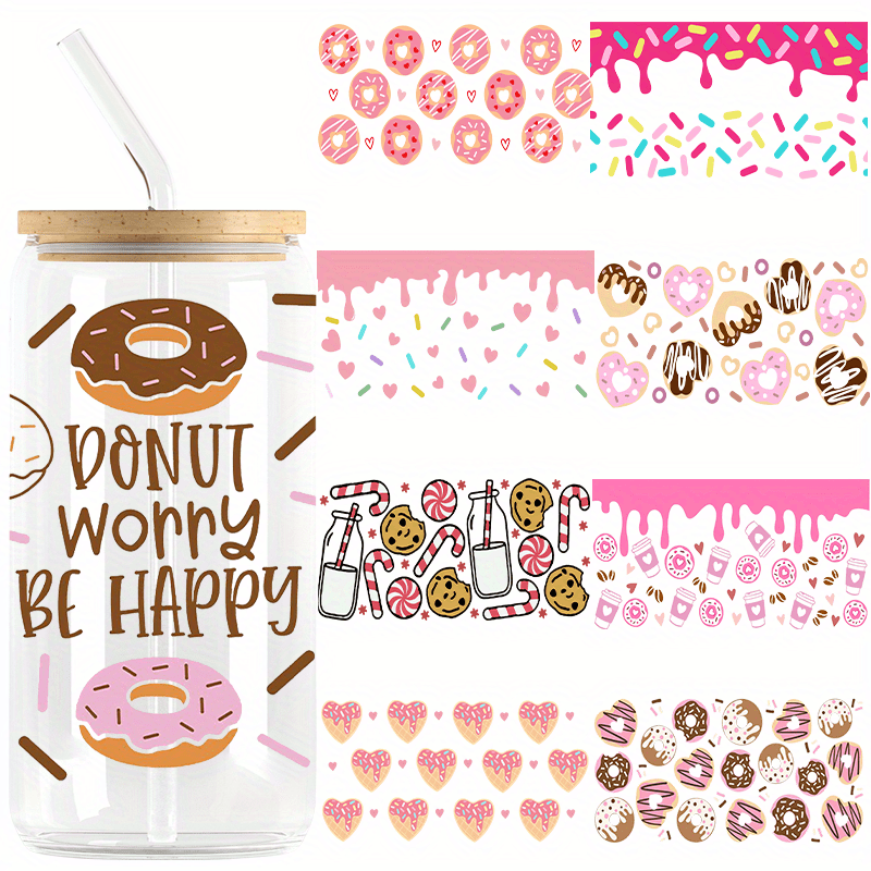 

9pcs/set Uv Dtf Transfer Donuts Design Sticker Cups Diy Wrap Transfer Sticker Glass Cup Waterproof Sticker Bottle Sticker Adhesive Sticker-high Quality 9.5inch*4.75inch For 16oz