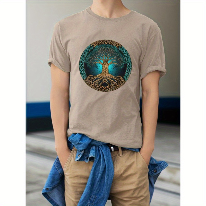 

T-shirt Décontracté Pour Homme Avec Imprimé Arbre Tendance, Manches Courtes, Haut Polyvalent Et Confortable Pour L'été En Extérieur