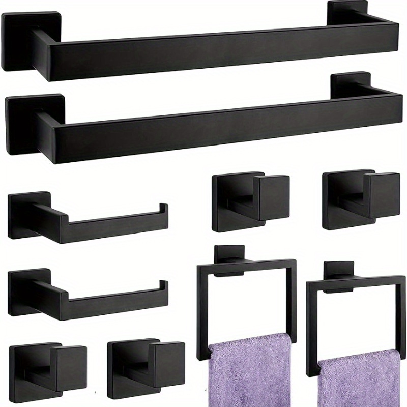 

10pcs Bathroom Accessories Towel Bar Set: Matte Black Bathroom Hardware Square Sus304 Stainless Steel - Wall-mounted Towel Rack And Toilet Paper Holder & Towel Ring And Towel Hook