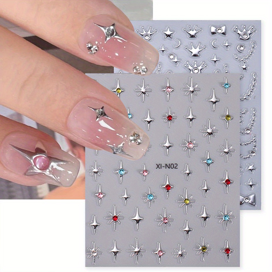 

2 Sheet Metallic Star Design Nail Art Stickers, Self Adhesive 5d Embossed Nail Art Decals For Nail Art Decoration,nail Art Supplies For Women And Girls