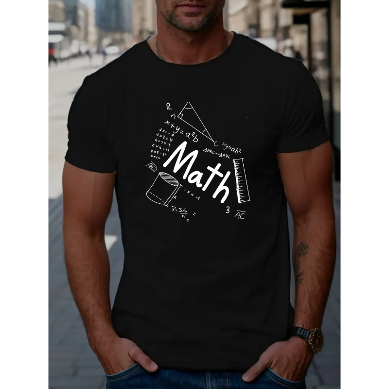 

Men's Math Print Short Sleeve T-shirts, Comfy Casual Elastic Crew Neck Tops For Men's Outdoor Activities