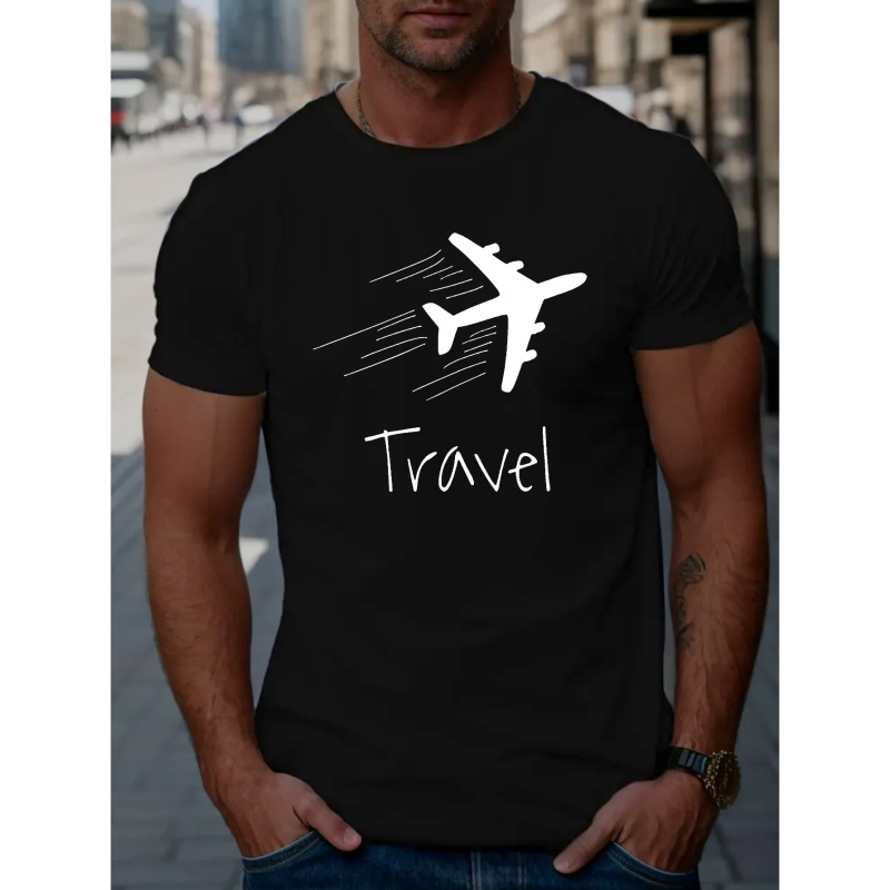 

Men's Travel Print Short Sleeve T-shirts, Comfy Casual Elastic Crew Neck Tops For Men's Outdoor Activities