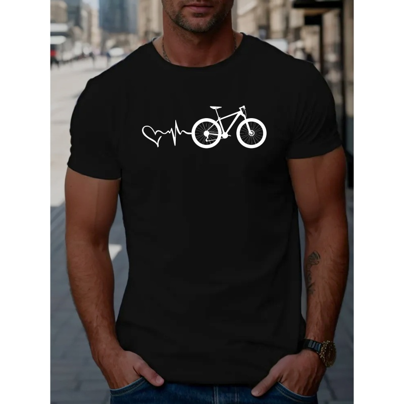 

Men's Bicycle Print Short Sleeve T-shirts, Comfy Casual Elastic Crew Neck Tops For Men's Outdoor Activities