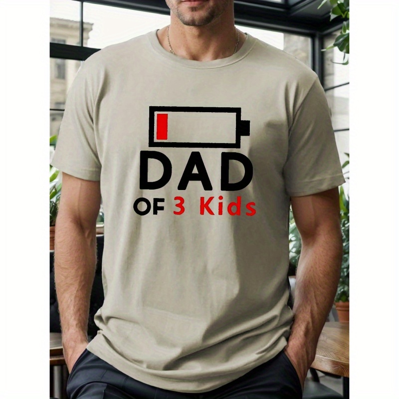 

Plus Size Men's "dad Of 3 Kids" Graphic Print T-shirt For Outdoor/sports, Summer Trendy Short Sleeve Tees For Males