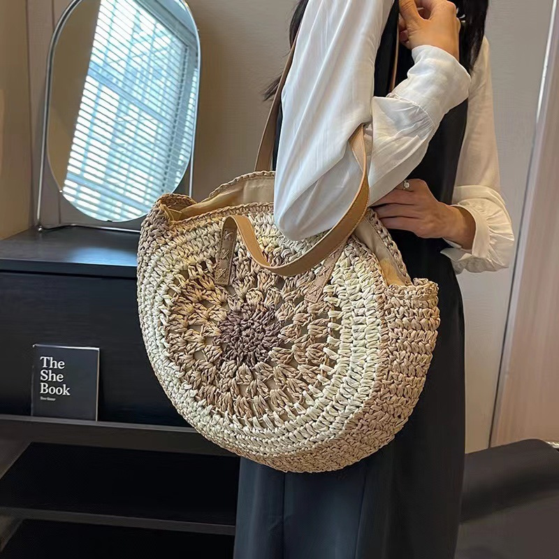 

Minimalist Round Woven Shoulder Bag, Fashionable Straw Tote Bag, Multicolor Casual Beach Purse For Women