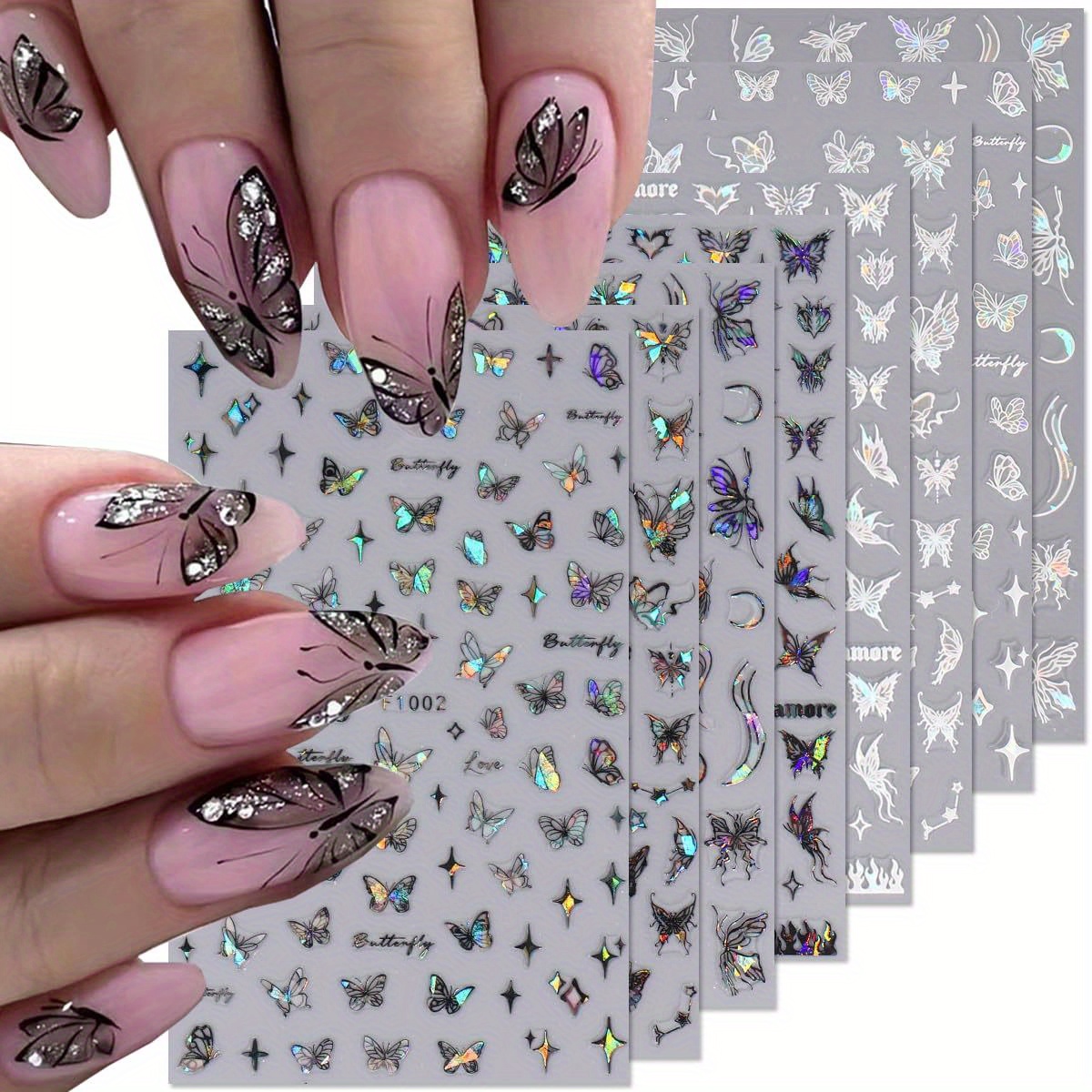 

8 Sheet Shiny Butterfly Nail Art Sticker 3d Self-adhesive Nail Art Supplies Holographic Laser Glitter Butterfly Nail Design Nail Stickers For Nail Art Foil Butterfly Charm Diy Manicure Decor