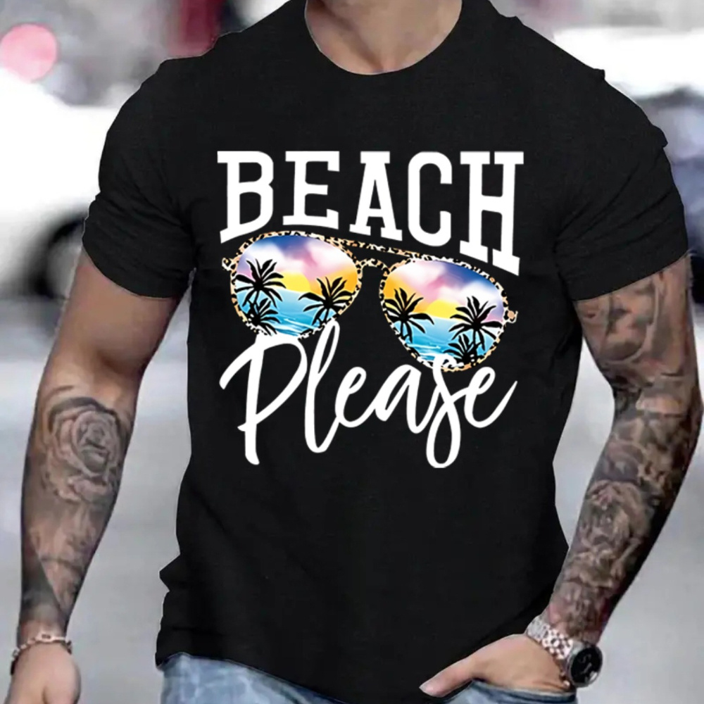 

Beach Please Print T Shirt, Tees For Men, Casual Short Sleeve T-shirt For Summer