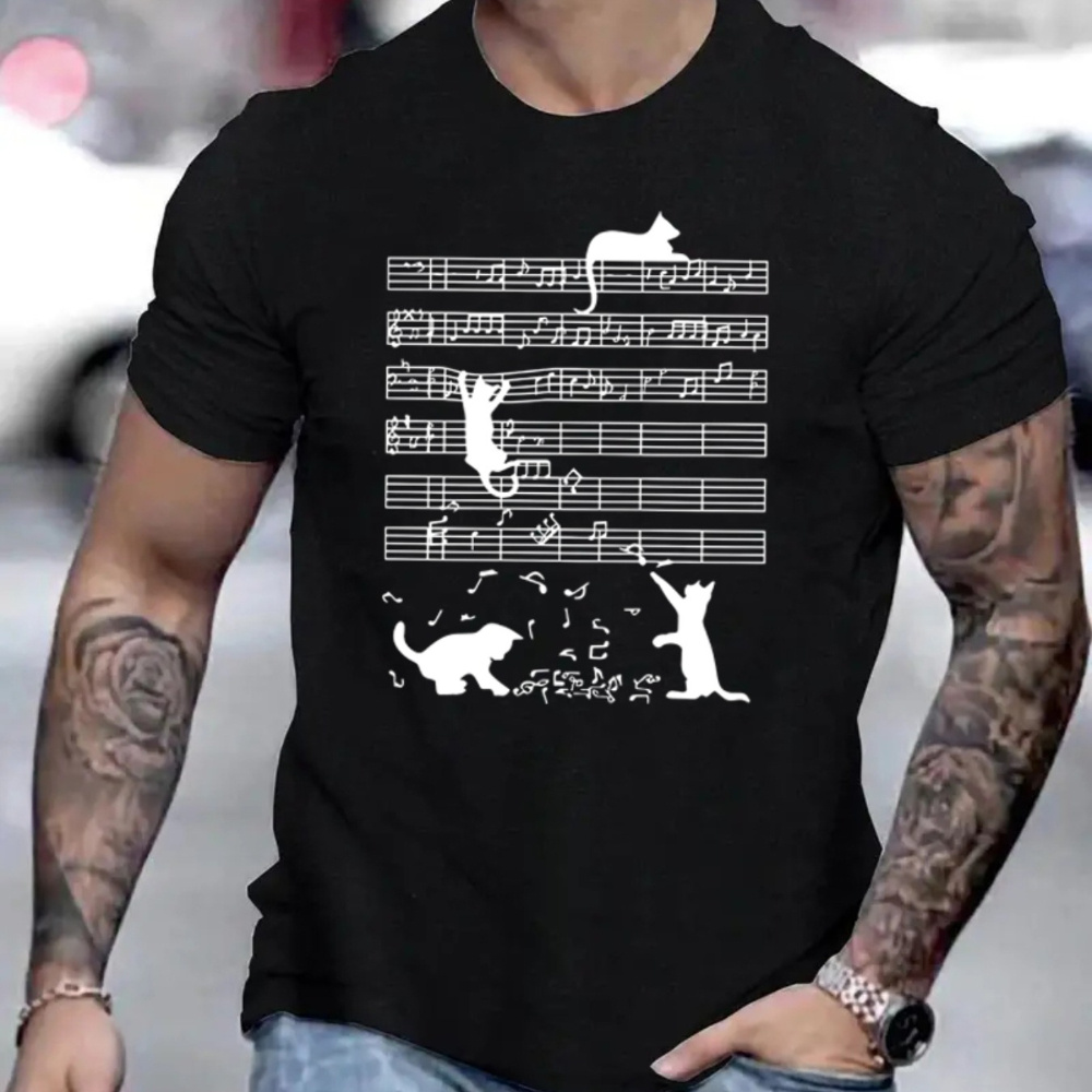 

T-shirt with a design featuring musical notes and cats, perfect for men to wear casually during the summer.