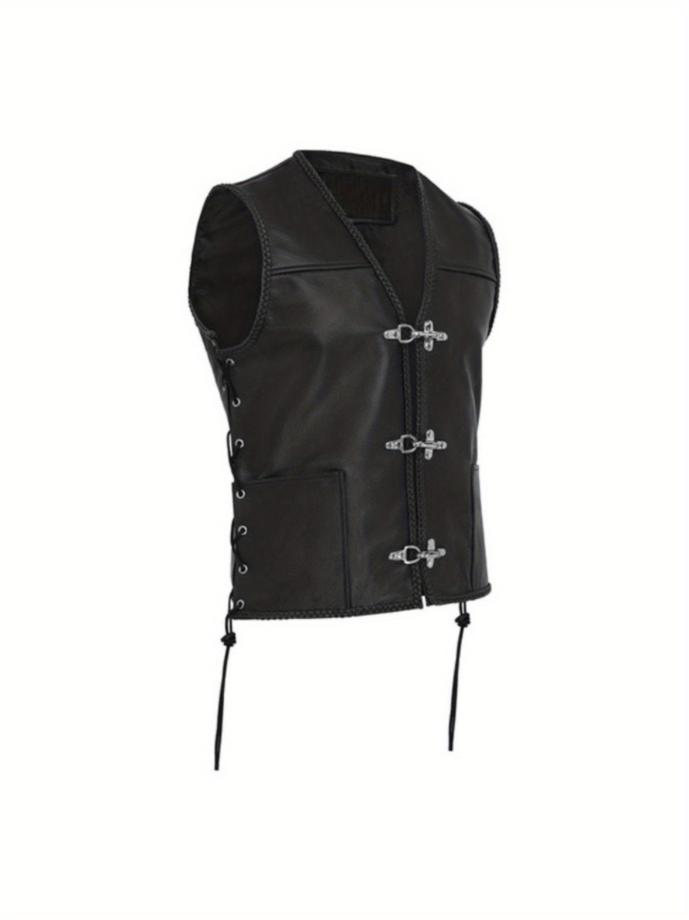 Men s Pu Leather Vest, Vintage Style V Neck Buckled Zipper Motorcycle Vest For Party Gift Outdoor 3