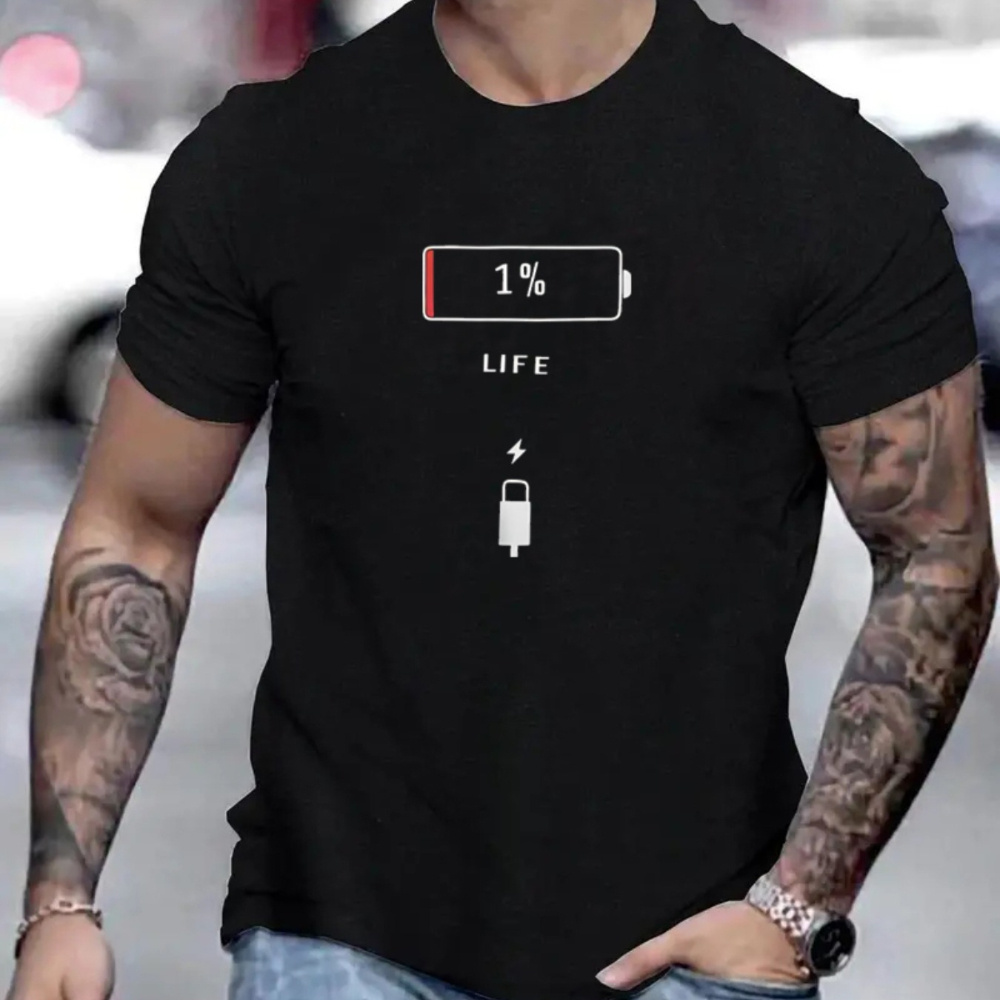 

Battery Is Dying Print T Shirt, Tees For Men, Casual Short Sleeve T-shirt For Summer