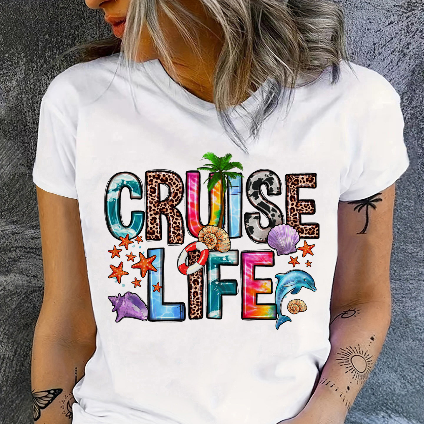

Cruise Life Letter Print Crew Neck T-shirt, Short Sleeve Casual Top For Summer & Spring, Women's Clothing