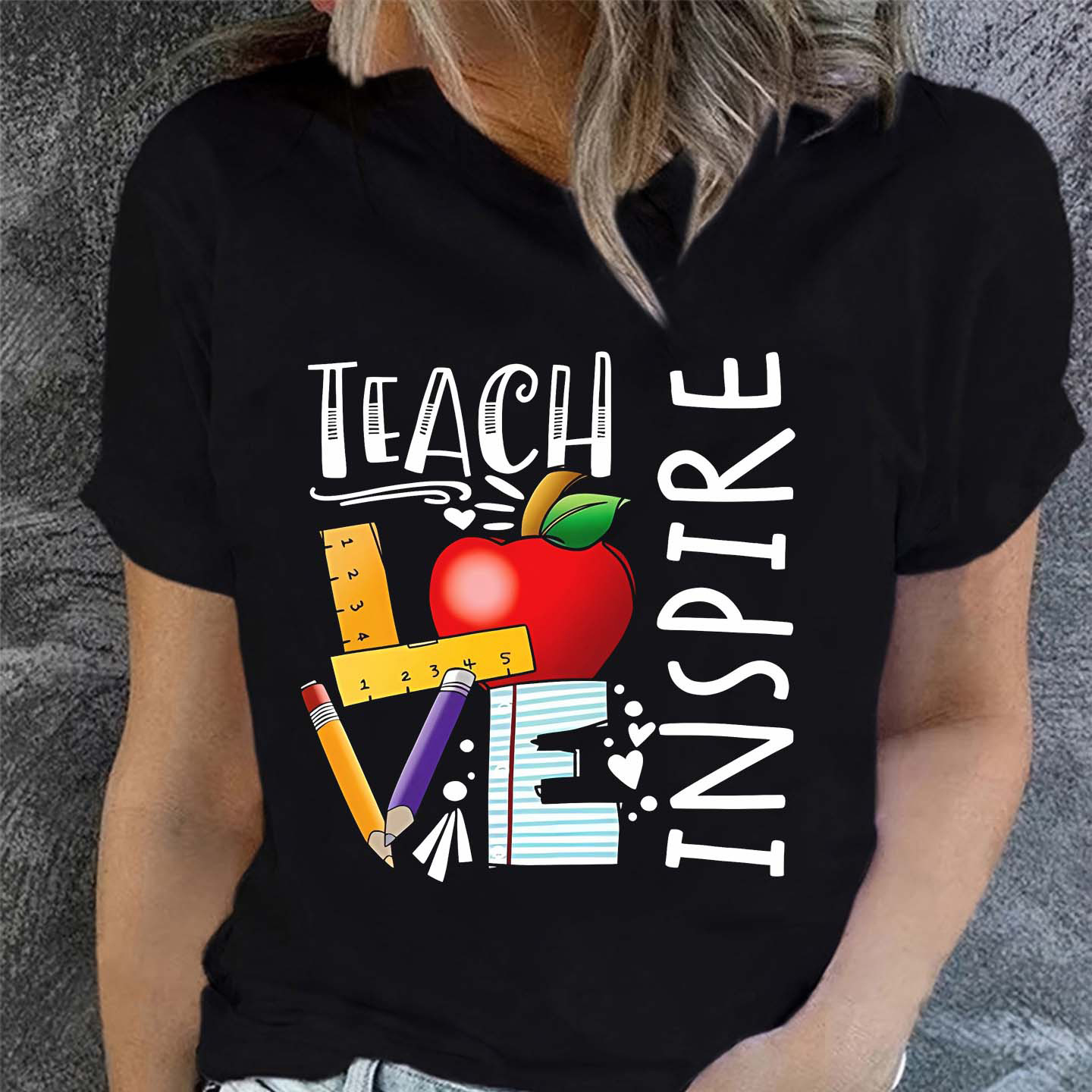 

Teacher Letter Print Short Sleeve T-shirts, Crew Neck Casual Top For Summer & Spring, Women's Clothing