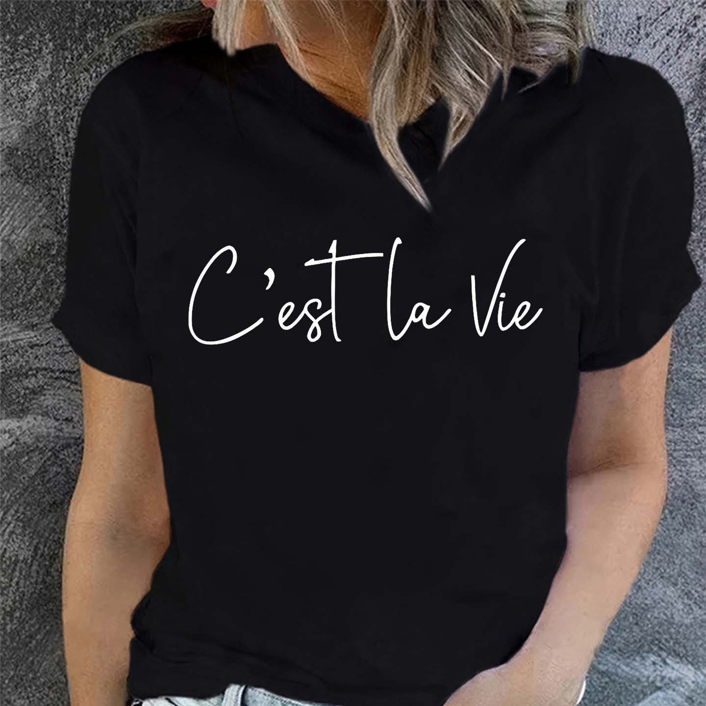 

C'est La Vie Letter Print Short Sleeve T-shirt, Crew Neck Casual Top For Summer & Spring, Women's Clothing