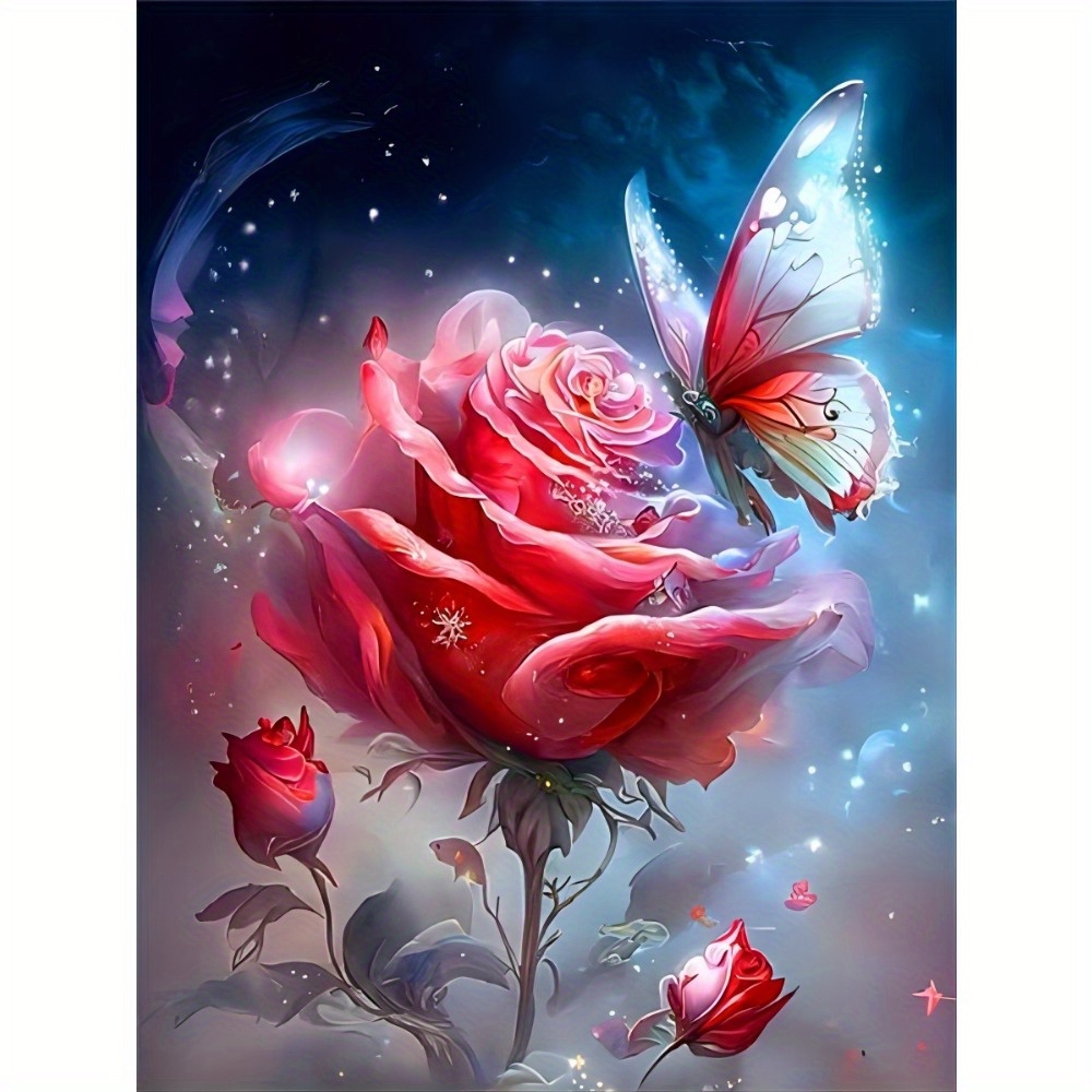 

15.7x19.7inch/11.8x15.7inch 5d Diy Diamond Art Painting Rose Butterfly Snow Full Round Diamond Mosaic Flower Diamond Embroidery Kit Rhinestone Home Decoration