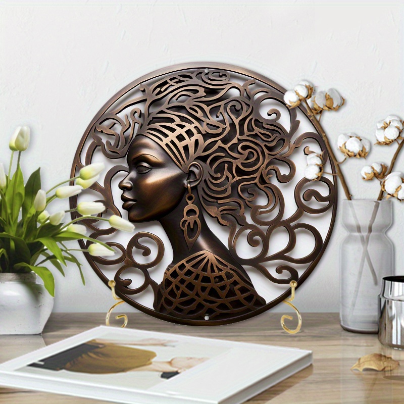 

1pc 8x8inch Aluminum Summer Metal Sign African Woman Silhouette Circular Bronze Sculpture For Home Decoration, Coffee Shop Decoration, Theme Decoration