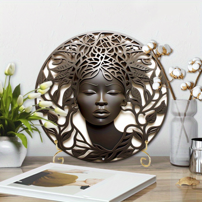 

1pc 8x8inch Aluminum Summer Metal Sign African Woman Silhouette Circular Bronze Sculpture For Home Decoration, Coffee Shop Decoration, Theme Decoration