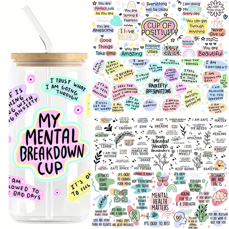 

5pcs/set Mental Health Theme Uv Dtf Cup Wraps Decals, Transfer Printing Waterproof Adhesive Stickers For Mug Water Bottle Cup, Dtf Transfer Stickers For 16 Oz Glass Can Wraps, Diy Crafts-high Quality
