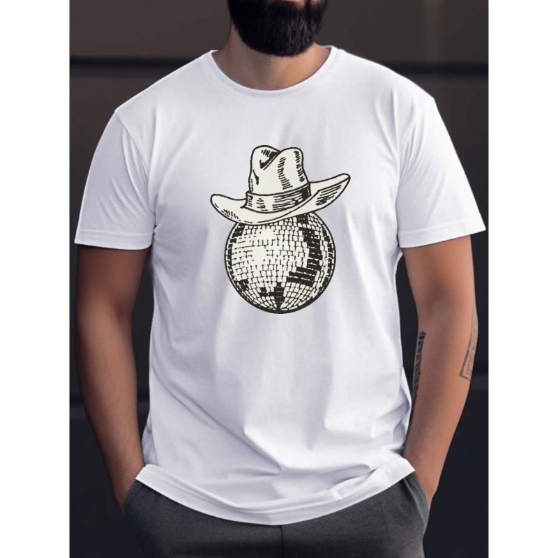 

Disco Ball In A Cowboy Hat Print Tee Shirt, Tees For Men, Casual Short Sleeve T-shirt For Summer