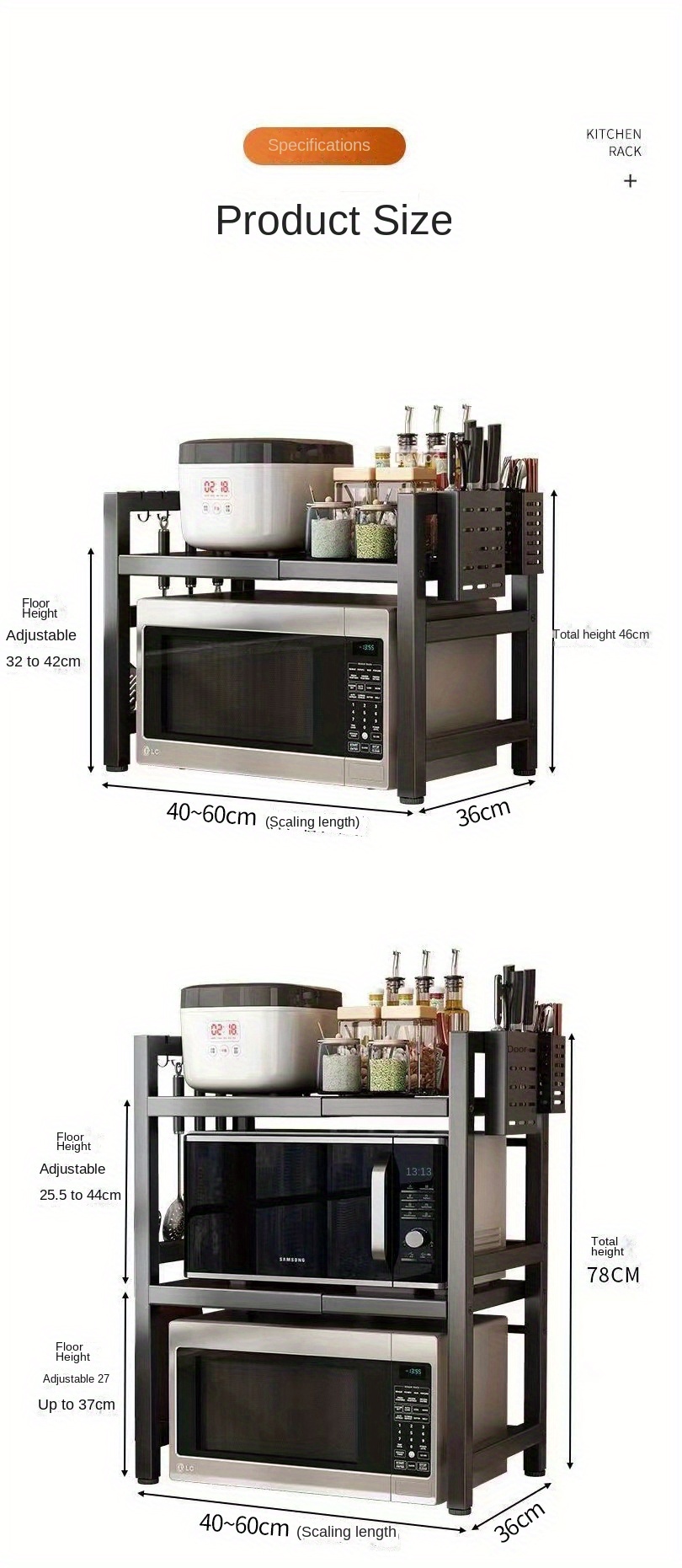 adjustable carbon steel kitchen storage rack microwave stand spice rack organizer for kitchen countertop and cabinet metal utility rack for kitchen accessories no electricity or battery needed details 13