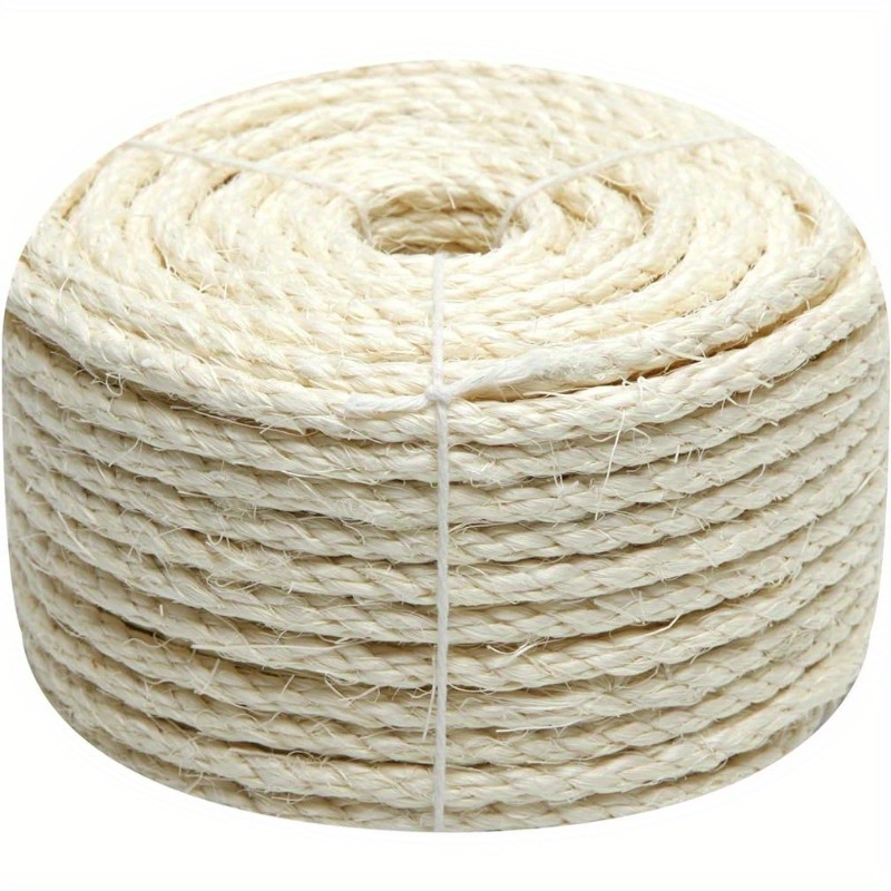 White Sisal Rope 1/4 Inch By 49-feet For Cat Scratching Post Tree Tower Replacement Repair And Replace, Diy Hemp Twine Rope For Kittens Shelves Furniture Window Perch Hammock Climbing, 6mm By 15m