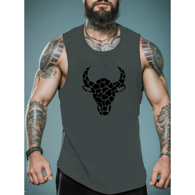 

Bull Print Men's Summer Quick Dry Moisture-wicking Breathable Tank Tops Athletic Gym Bodybuilding Sports Sleeveless Shirts, For Workout Running Training Men's Clothes