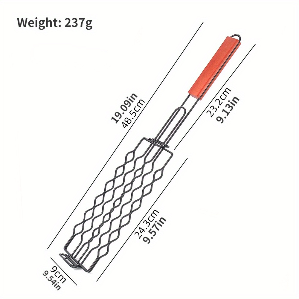 1pc stainless steel hot dog grill clip bbq grilling basket with wooden handle durable sausage grilling rack outdoor barbecue tool details 2