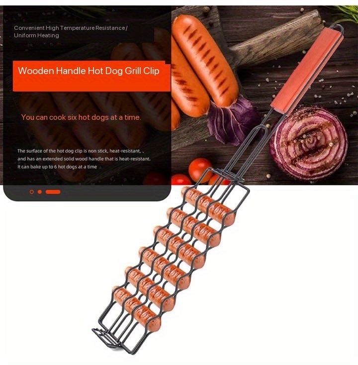 1pc stainless steel hot dog grill clip bbq grilling basket with wooden handle durable sausage grilling rack outdoor barbecue tool details 1