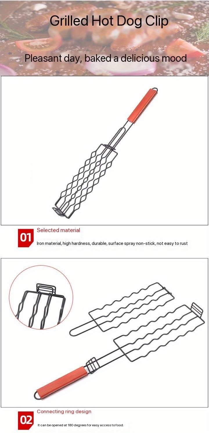 1pc stainless steel hot dog grill clip bbq grilling basket with wooden handle durable sausage grilling rack outdoor barbecue tool details 3