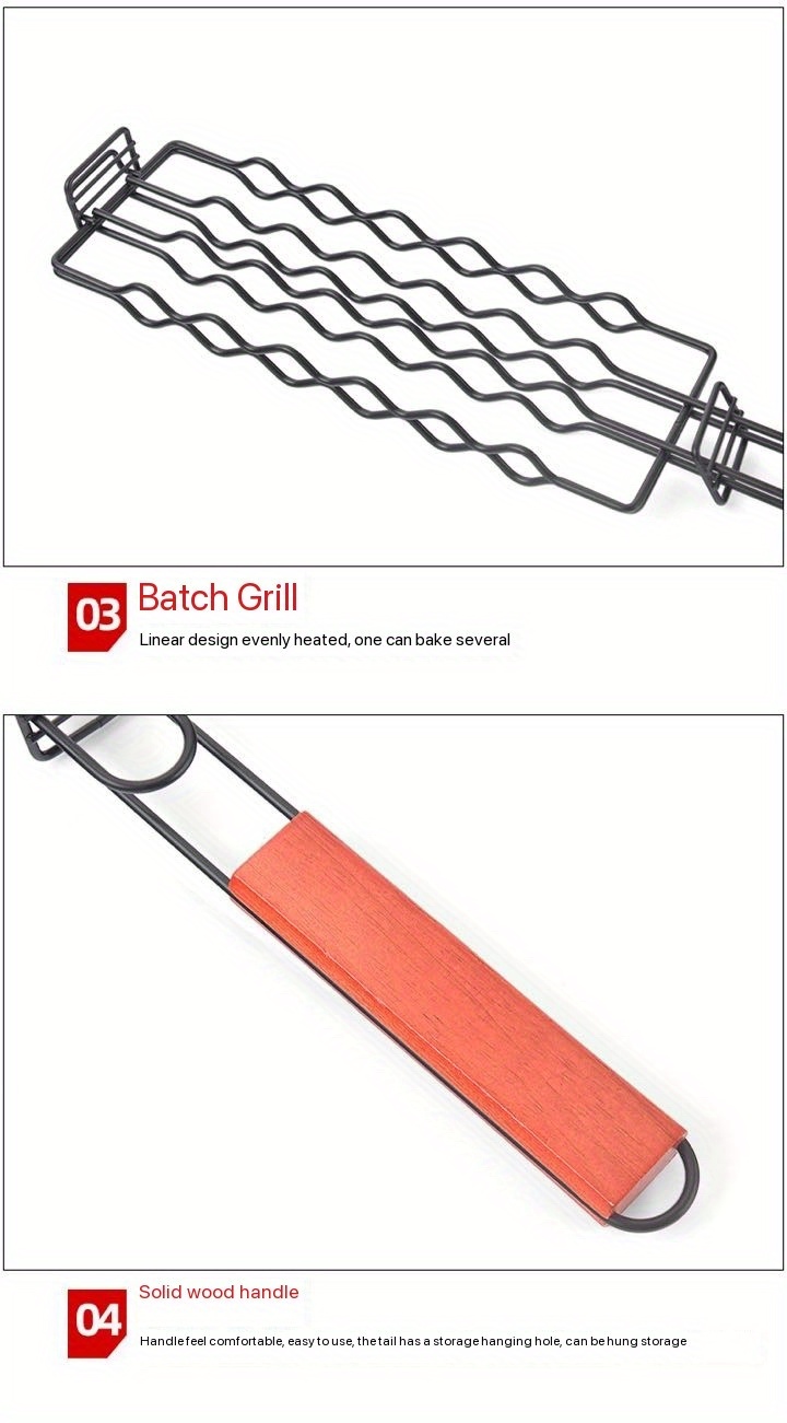 1pc stainless steel hot dog grill clip bbq grilling basket with wooden handle durable sausage grilling rack outdoor barbecue tool details 4