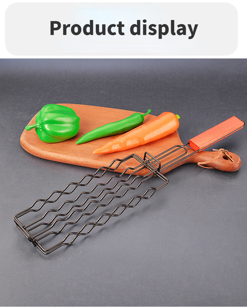 1pc stainless steel hot dog grill clip bbq grilling basket with wooden handle durable sausage grilling rack outdoor barbecue tool details 5