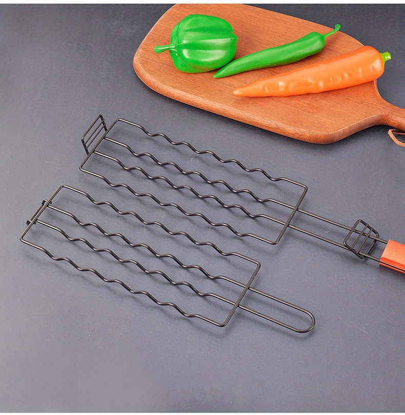 1pc stainless steel hot dog grill clip bbq grilling basket with wooden handle durable sausage grilling rack outdoor barbecue tool details 6